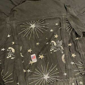 Dragon Denim Black Jacket with Embroidered Stars and Horses